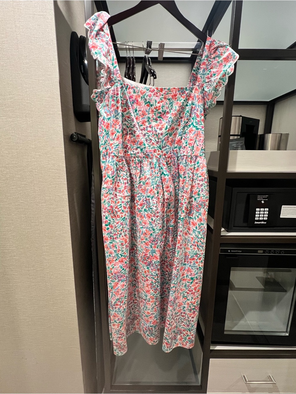 J. Crew Pink and Green Floral Ruffle-Shoulder Midi Dress